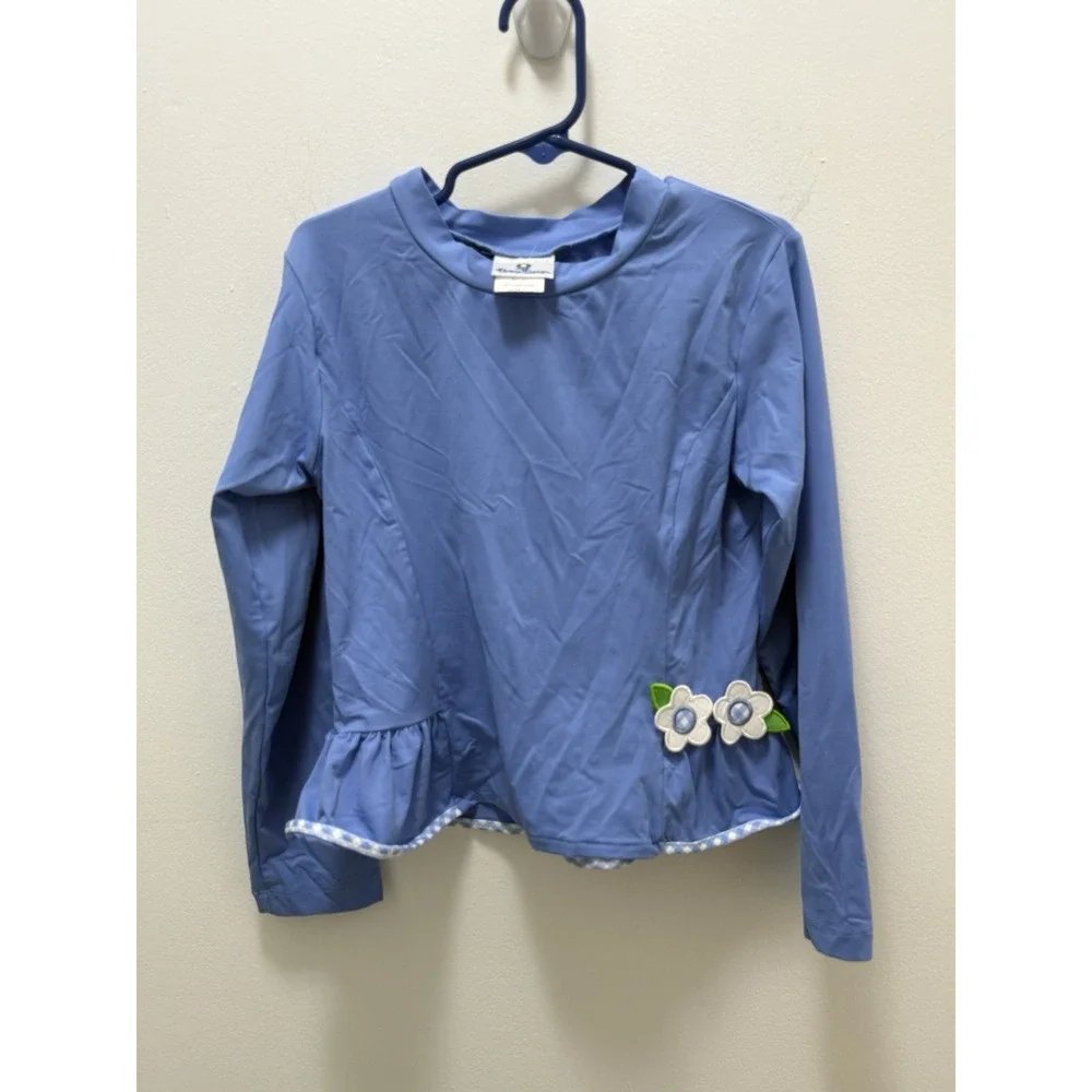 Florence Eiseman Girls Size 7 Blue Floral Ruffle Rash Guard Swim Top